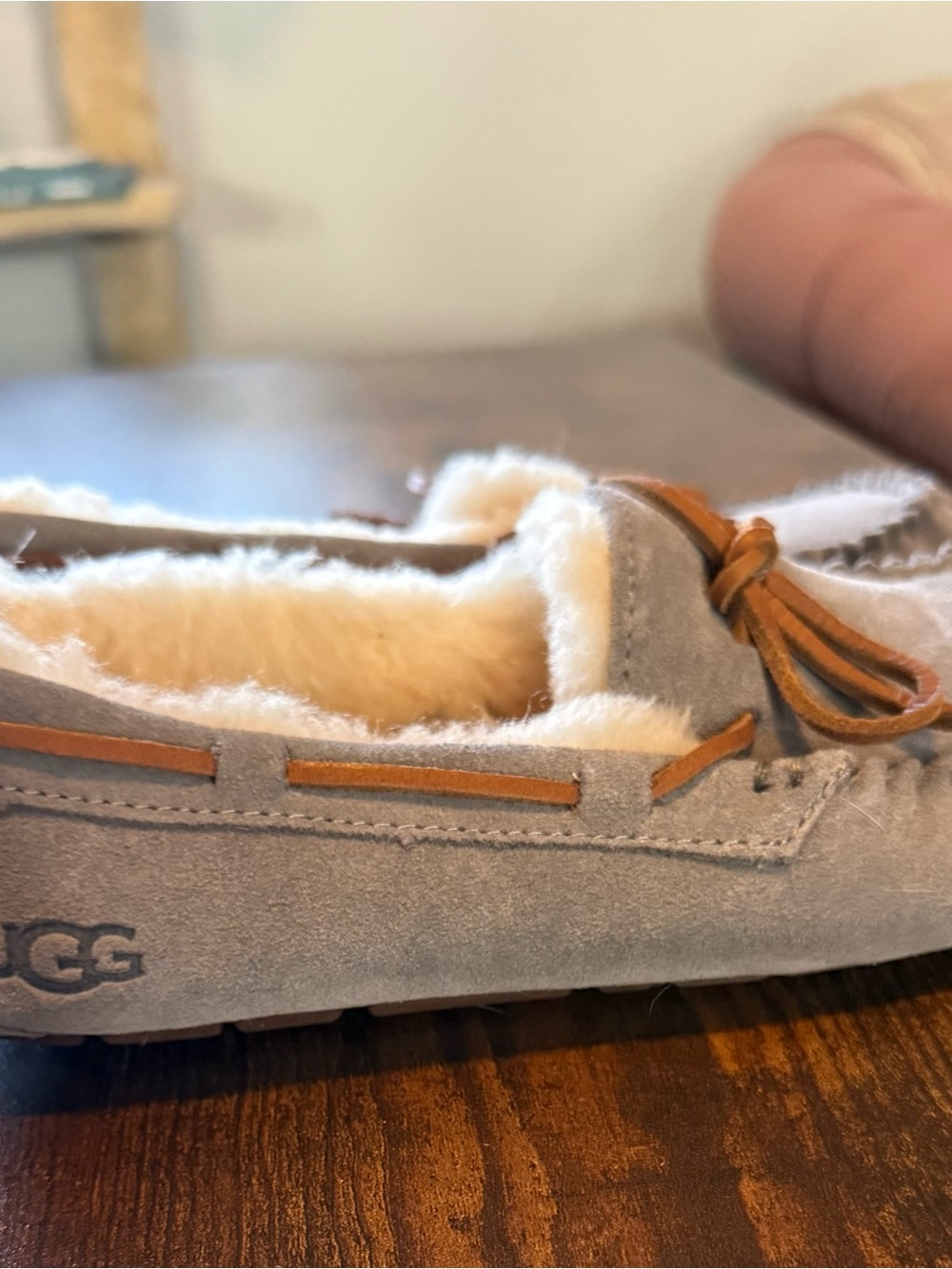 UGG Grey Suede Moccasin Slipper with Shearling Lining